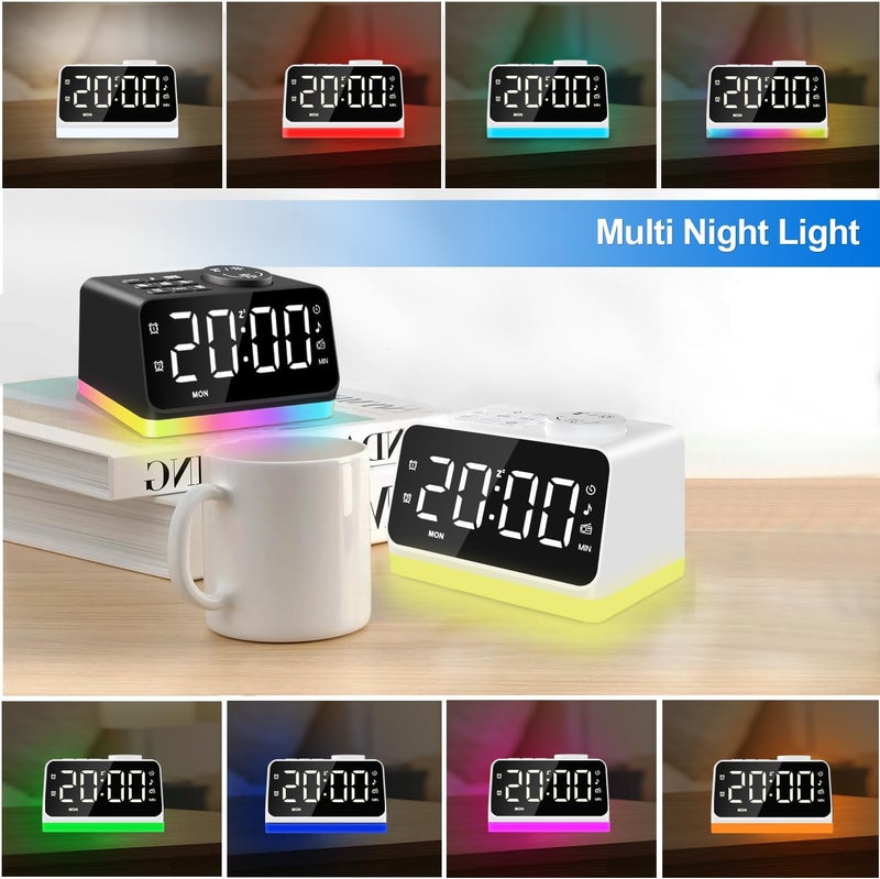 Jall Digital Alarm Clock with FM Radio for Bedroom, 8 Colors Night Light with Charging Port, Sleep Sound Machines with Timer, Dual Alarm (White with White Font) - Image 4